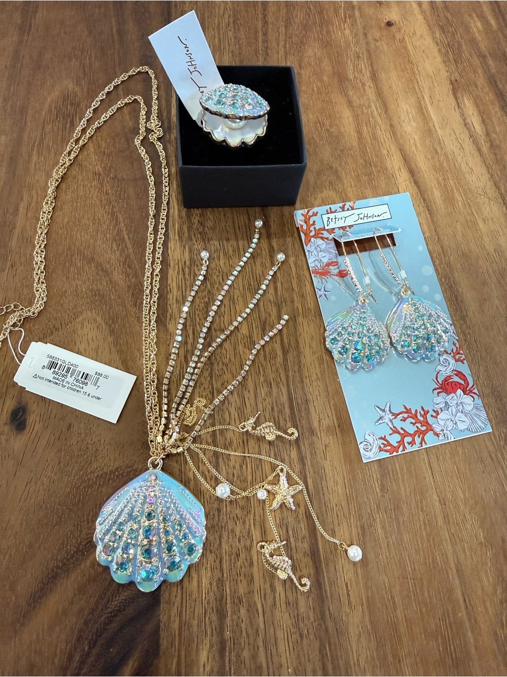 Betsey Johnson Iridescent Aqua Shell Necklace, earrings and Ring set